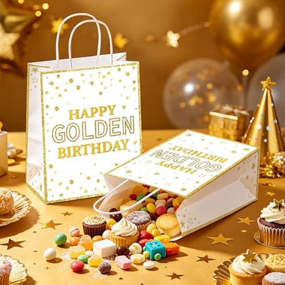 16Pcs Happy Golden Birthday Party Favor Bags White Gold Goodie Bag