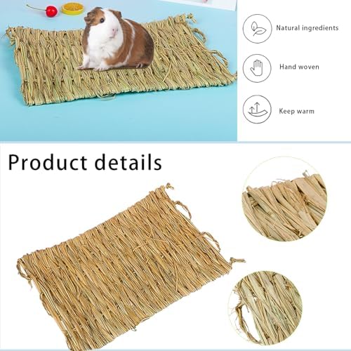 PINVNBY Straw Mats for Rabbits,11.0"x8.3" Natural Bunny Grass Mat,Handwoven Rabbit Hay Mat Small Animal Bedding Chewable & Cooling Mat - Eco-Friendly Cage Liner Nesting Toy(4 PCS)