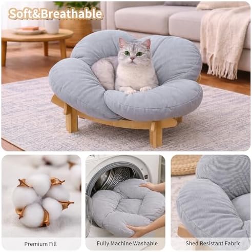 Elevated Wooden Cat Bed with Fluffy Removable Cushion, Modern Petal Shaped Cat Couch Sofa for Indoor Cats Small Dogs 40lbs Capacity Easy to Assemble (Gray)