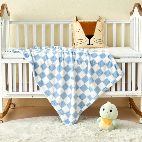 Yurhap Checkered Baby Blanket Fleece Baby Blankets for Boys, Ultra Soft Cozy Fluffy Infant Toddler Newborn Receiving Blankets for Crib Stroller, 30''x40'', Blue