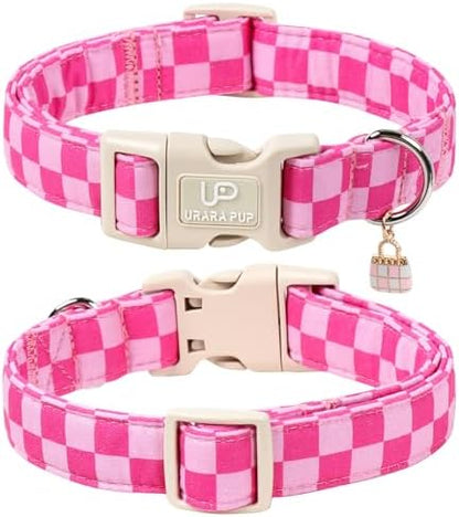 Summer Dog Collar, Pink Checkered Cotton Dog Collar with Quick Release, Gift Pink Collars for Small Medium Large Girls or Boys Dogs Cute Durable Comfortable Pet Collars