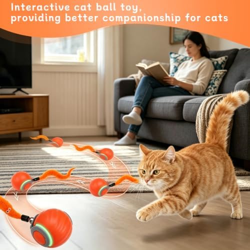Interactive Cat Toy Ball - Automatic Moving Cat Ball for Indoor Cats with 3 Tails, Rechargeable Silent Kitten Toy for Boredom & Exercise, Rolling Ball Toy with 2 Modes & 2 Speeds.