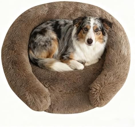 Calming Dog & Cat Beds with Orthopedic Egg-Crate Foam Raised Rim, Soft Fluffy Faux Fur Pet Sofa Couch Bed for Medium Dogs, Anxiety Relief Spine Support, Machine Washable (Round, Coffee 28")