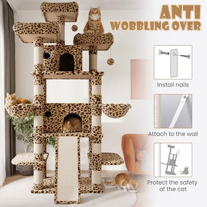 SHA CERLIN 81 Inches Extra Large Cat Tree for Indoor Adult Cats/XXL Big Cat Tower with Condo/Cozy Perches/Sisal Scratching Posts and Hammocks/Activity Center/F80/Heavy Duty/Leopard Print