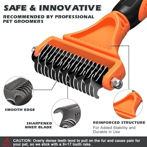 3PCS Pet Grooming Rake & Metal Comb & Flea Comb for Cats and Dogs, Double-Sided Dematting Tool, Extra-Wide Deshedding Dog Brush for Long Hair to Effectively Remove Tangles, Knots and Mats (Orange)