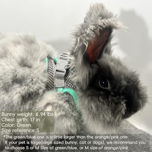 Rabbit Harness and Leash Set Escape Proof, Adjustable Soft Padded Vest, Breathable Mesh Bunny Harness with Reflective Strap, Safe for Small Animals(Green,S)