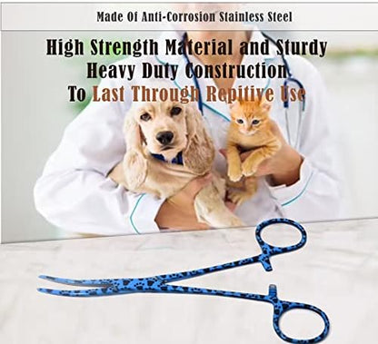 Dog Pet Ear/Nose Hair Puller Grooming Hemostat Locking Forceps Curved Pliers, 5.5" (14cm) Full Serrated Clamps Stainless Steel (Blue Paws)