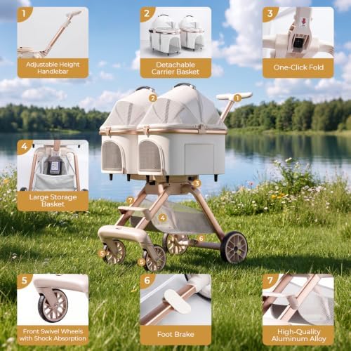 Double Pet Stroller with Detachable Carriers,Ideal for 2 Dogs or Cats,Double Dog Stroller with Small/Medium Pets,Beige