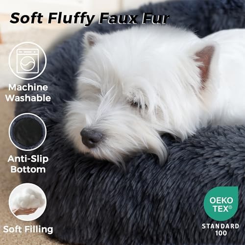 Calming Round Dog Bed with Anti-Slip Bottom, Medium Size Washable Anti-Anxiety Donut Dog Beds for Medium Dogs, Fluffy Plush Soft Dog Bed(27 Inch, Dark Brown)
