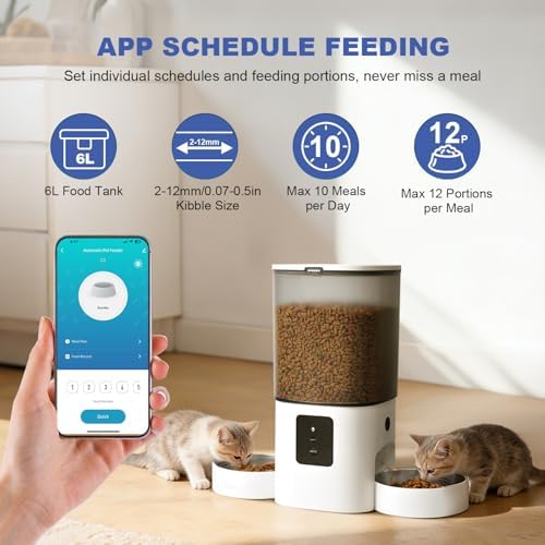 ANDOLL HOME 2.4G/5G Automatic Cat Feeder, 6L WiFi Cat Food Dispenser with 10s Voice Recorder, Double Bowl Pet Feeder up to 10 Meals per Day, Timed Feeder with Dry Food Sealed Ring (White)
