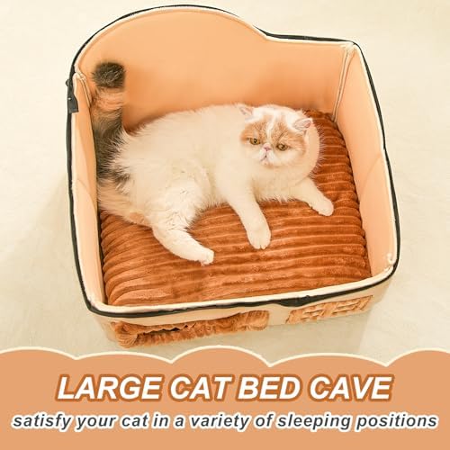 Jiupety Bear Cat Houses for Indoor Cats, Chimney Cute Cat Bed Cave, Enough Interior Space, Cartoon Soft Pet House Up to 3-10 lbs Kitten, Brown