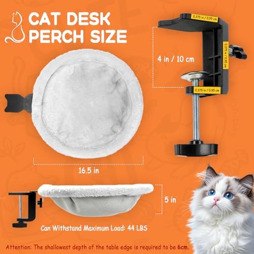 Round Cat Desk Bed, Clamp-On Cat Perch for Desk, 16.5" D, 44lbs