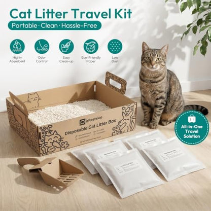 Cat Litter Travel Kit with Flushable Clumping Litter, Foldable Disposable Cardboard Litter Box & Scoop, Portable Cat Travel Essentials for Road Trips, Hotels, Moving & Emergency Use