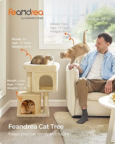 Feandrea Cat Tree, 26.4-Inch Small Cat Tower, Cute Plush Condo, Beige