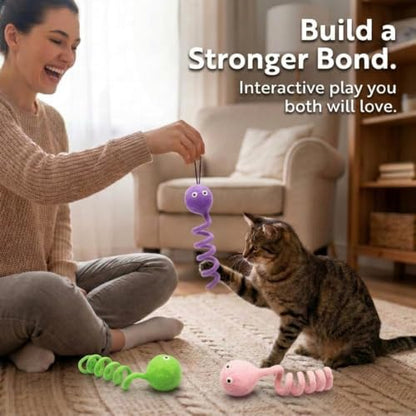 Glaciart One Felt Spring Cat Toy – 3 Pcs Soft Fuzzy Enrichment 100% Natural Wool - Interactive Stretchable Play Set - Safe for Pets, Non-AZO Colored Dyes - 4” Long