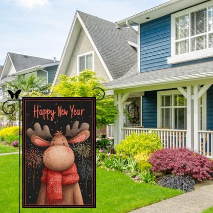 Happy New Year Garden Flag 12x18 Double Sided Vertical Linen Small Fireworks Moose House Flag Welcome Holiday Winter House Outdoor Outside Decorations (27178)