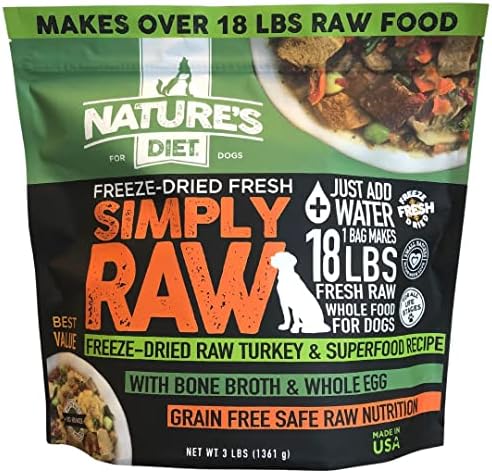 Nature's Diet Simply Raw Freeze-Dried Raw Whole Food Meal - Makes 18 Lbs Fresh Food With Muscle, Organ, Bone Broth, Whole Egg, Superfoods, Fish Oil Omega 3, 6, 9, Probiotics & Prebiotics (Turkey)