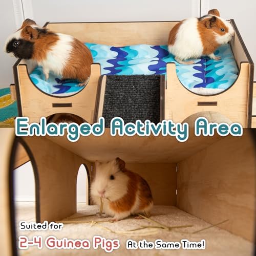 SoulThink® Upgraded Large Guinea Pig Toys Hideout - Easy to Assemble Wooden Guinea Pigs Castle with Ramp and Sky Blue Bed Cushion Decorative Guinea Pig Furniture for Play Area and Cage