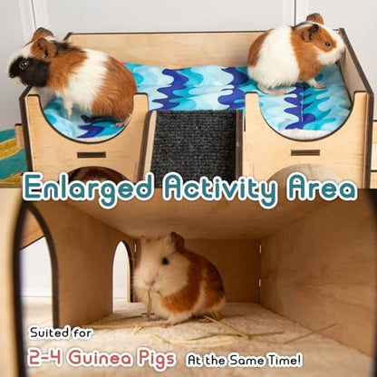 SoulThink® Upgraded Large Guinea Pig Toys Hideout - Easy to Assemble Wooden Guinea Pigs Castle with Ramp and Sky Blue Bed Cushion Decorative Guinea Pig Furniture for Play Area and Cage