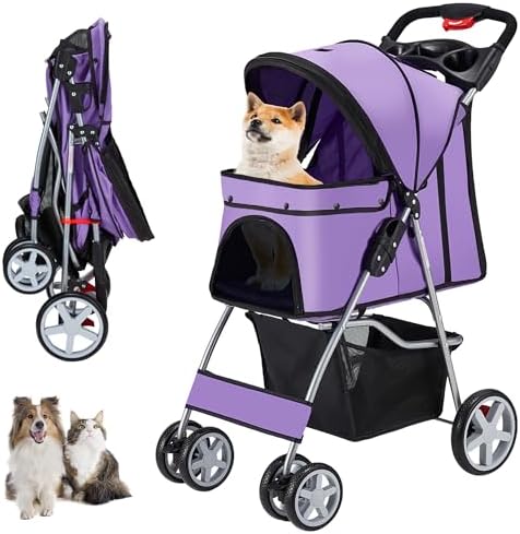 Unisakey Foldable 4-Wheel Pet Stroller for Dogs Cats 10-33lbs, Purple