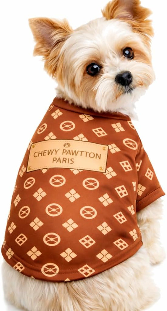 Everything Chic Designer Dog Shirt Luxury Dog Clothes Cute Puppy Shirt Small Dog Outfit Yorkie Chihuahua French Bulldog Clothes Chic Pet Apparel Spring Summer (ChewyPawttonTee, Small)