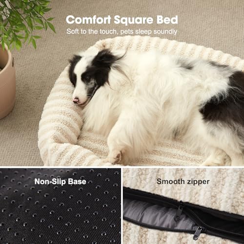 MIXJOY Dog Bed Medium Size Dog, Washable Medium Dogs Bed with Removable Cover, Soft Rectangle Pet Ded Fluffy Plush Faux Fur Pet Bed with Anti-Slip Bottom, 30"x30"x8", White
