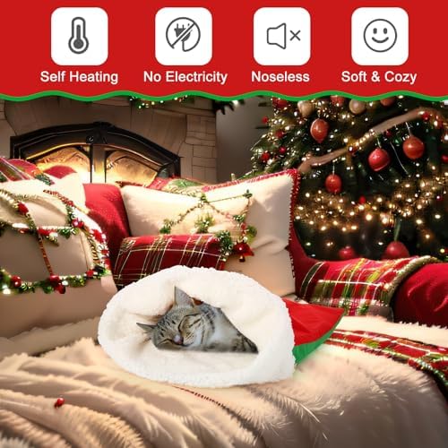 Self Heating Cat Sleeping Bag Self Warming Cat Cave Heated Pad Cozy Soft Winter Washable Wrap Red and Green Pet Sleeping Pouch Snuggle Sack for Puppy Dog Kitten, 24 x 21 Inch