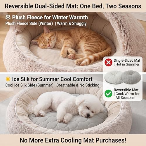 2-in-1 Convertible Cat & Dog Bed Cave with Removable Zipper Hood, Converts to Calming Donut Bed, Reversible Plush & Cooling Ice Silk Cushion (Coffee Color, 28 in Large Size)