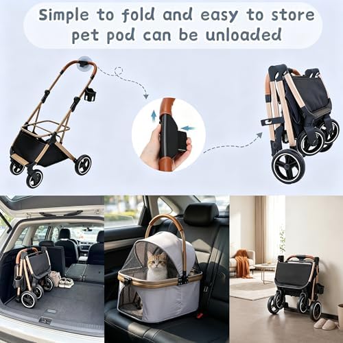 Chihuahua 3-in-1 Foldable Pet Stroller 4-Wheel for Small Dogs,Light Coffee