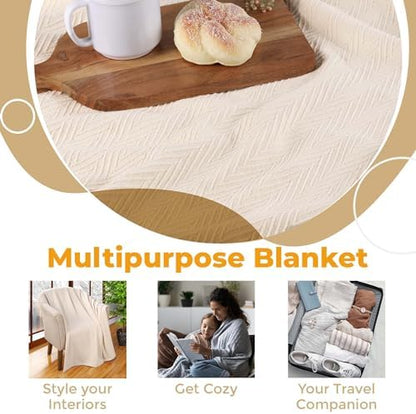 Superior Metro All-Season Cotton Blanket, Woven Blanket for Couch, Bed, Bedding, Farmhouse, Home Essentials, Cute and Cozy Bohemian Blankets, Herringbone Weave, Twin Size, Ivory