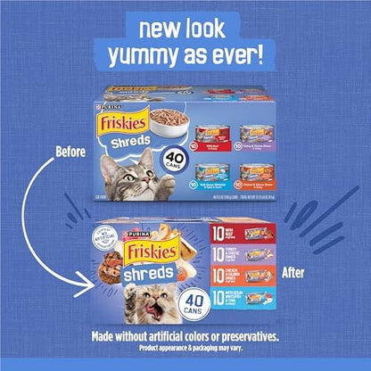 Friskies Purina Wet Cat Food Variety Pack, Shreds with Beef, Turkey & Cheese Dinner, Chicken & Salmon Dinner, and with Ocean Whitefish and Tuna - 5.5 oz. Cans (Pack of 80)