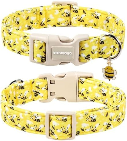 DOGWONG Cute Cotton Dog Collar for Small Medium Large Dogs Cute Yellow Bee Dog Collar for Boy Girl Dogs,M