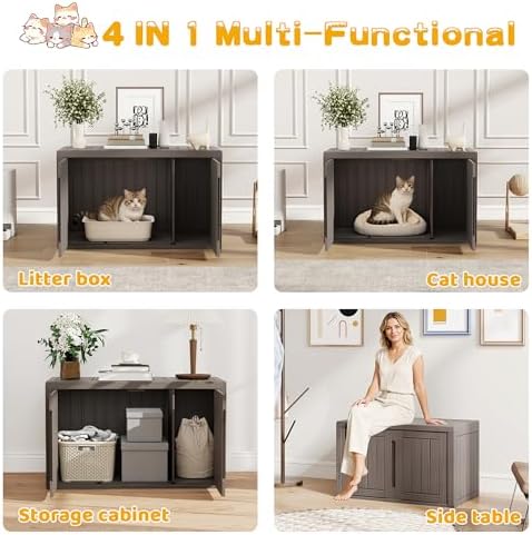 Cat Litter Box Enclosure, Multi-Functional Hidden Enclosed Litter Box Furniture with Adjustable Partition, Indoor Outdoor Cat House Weatherproof, Side Table, Easy to Clean & Assemble, Grey