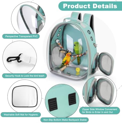 Bird Travel Carrier, Bird Backpack Cage with Rope & Wood Perches Tray Food Bowl, Portable Clear Bubble Window Breathable Mesh Bag for Small Medium Parrots Cockatiel Parakeet Budgies Conures Lovebirds