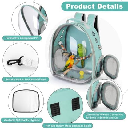 Bird Travel Carrier, Bird Backpack Cage with Rope & Wood Perches Tray Food Bowl, Portable Clear Bubble Window Breathable Mesh Bag for Small Medium Parrots Cockatiel Parakeet Budgies Conures Lovebirds