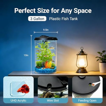 Koller Products 3-Gallon 360 Aquarium with LED Lighting (7 Color Selections) and Power Filter, Impact-Resistant Plastic, Ideal for a Variety of Tropical Fish