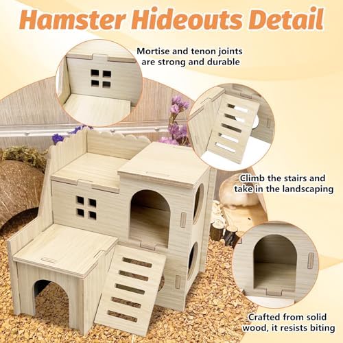 BNOSDM Wood Hamster House Dwarf Hamster Natrual Hideout with Ladder Gerbils Climbing Exploring Seesaw Toys Cage Accessories for Small Hamsters Mouse Mice