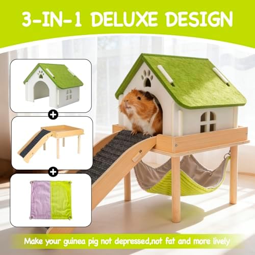 BESNEW 3 in 1 Enlarged Guinea Pig Hammock,Wooden Guinea Pig Hideout with House & Platform & Stairs Small Animal Toys for Hiding Sleeping Activities
