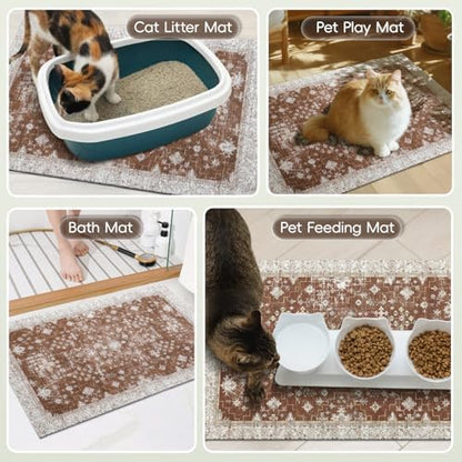 Cat Litter Mat Litter Trapping Mat, 33"x22" Waterproof Urine Proof Litter Box Mat Catcher Mat Non-Slip Washable for Kitty Kitten, Brown