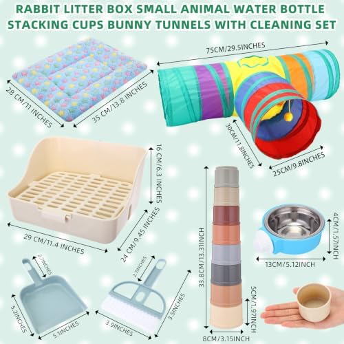 34 Pcs Rabbit Starter Kit Rabbit Litter Box Small Animal Water Bottle Cups Bunny Tunnels Animal Grooming Kit Bowl Blanket with Cleaning Set for Guinea Pig Bunny Accessories(Style 1,Blue)