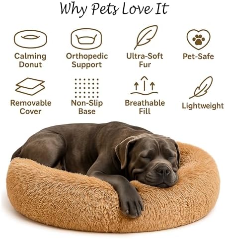 Calming Dog Bed - Fluffy Donut Cuddler for Anxiety Relief, Orthopedic Pet Bed with Non-Slip Bottom, Cozy Round Faux Fur Nest for Dogs and Cats, Plush Crate Mat for Comfort (Camel, Small)
