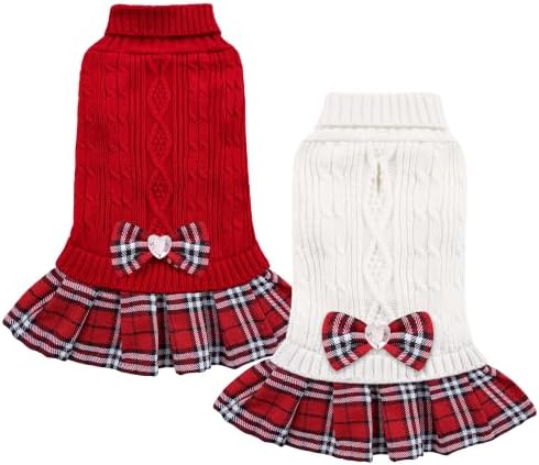 YUDODO 2 Pack Small Dog Sweater Dress with Bowtie Turtleneck - Pet Clothes