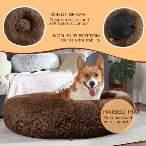 JOLLYVOGUE Dog Beds Large Sized Dog, Calming Anti-Anxiety Dog Bed, Fluffy Donut Cushion for Extra Large Pets (45")