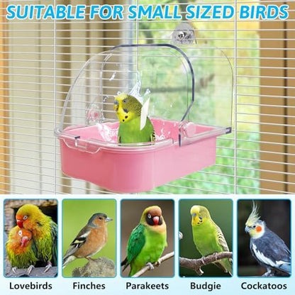 Tfwadmx Bird Cage Bath Hanging Parrot Bath Tub Water Shower Food Feeder Holder Tray Bird Bath Supplies for Small Birds Canary Budgies Cockatiel Lovebirds (Pink)