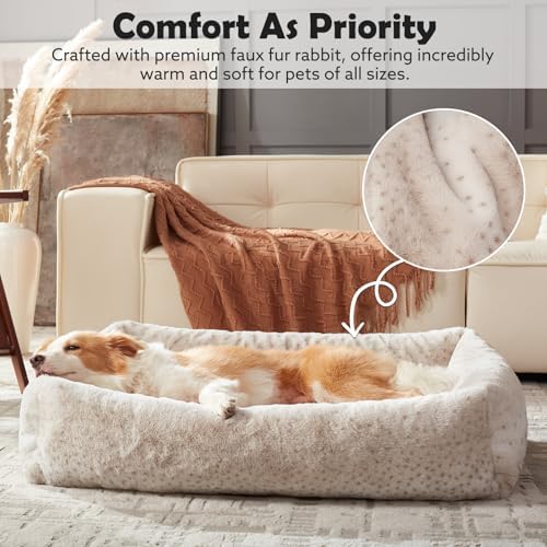 JOEJOY Dog Bed for Small Medium Dogs, Removable Washable Cover Orthopedic Soft Faux Rabbit Fur Pet Bed, Anti-Slip Fluffy Plush Puppy Bed, 25"x21"x7", Leopard Print, Beige