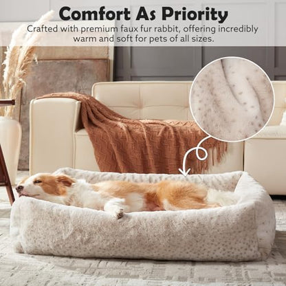 JOEJOY Dog Bed for Small Medium Dogs, Removable Washable Cover Orthopedic Soft Faux Rabbit Fur Pet Bed, Anti-Slip Fluffy Plush Puppy Bed, 25"x21"x7", Leopard Print, Beige
