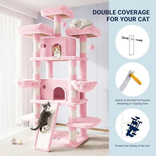 Allewie 82 Inches Large Cat Tree/House/XXL Tall Cat Towers for Big Feline/Scratching Post/Multi-Level Large Kitty Climbing Tree with Condo/Pink