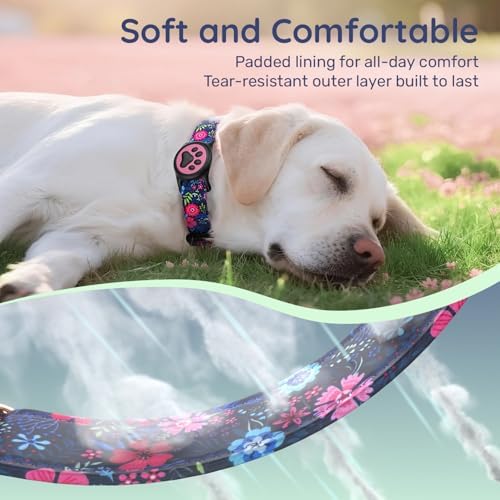 Airtag Dog Collar,with Waterproof airtag Holder，Original Stylish Cute Pattern Design.QR Code ID Buckle，Comfortable Soft Cotton for Small Medium Large Dogs