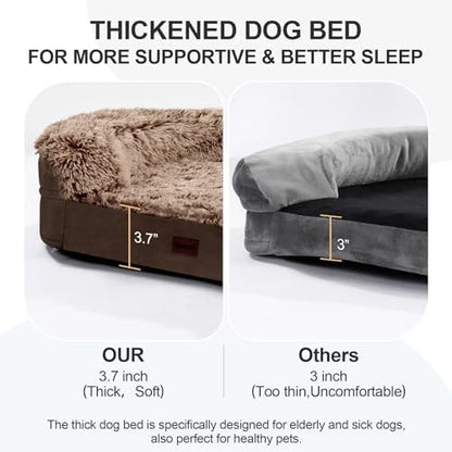 iweepet Fluffy Orthopedic Dog Beds for Large & Extra Large Dogs, 44" Dog Sofa Bed with Supportive 28D Egg-Crate Foam, Removable Washable Cover, Waterproof Lining, for Puppy,Senior,Sick,Brown