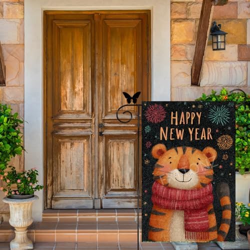 Happy New Year Garden Flag 12x18 Double Sided Vertical Linen Small Fireworks Tiger House Flag Welcome Holiday Winter House Outdoor Outside Decorations (27169)